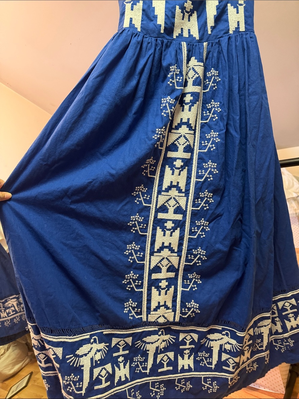 Anthropology ft Farm Rio XS Blue Embroidered Maxi Dress with Bow Back - Picture 3 of 4